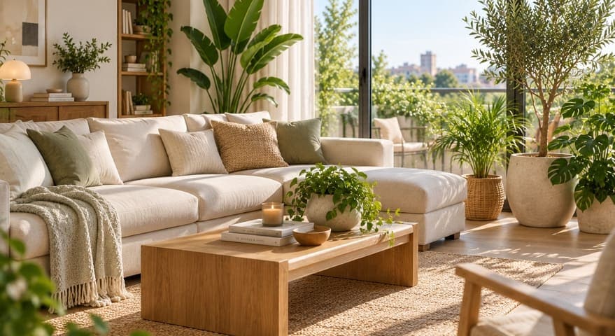 Salón luminoso con sofá claro y plantas de distintos tamaños junto a un ventanal.