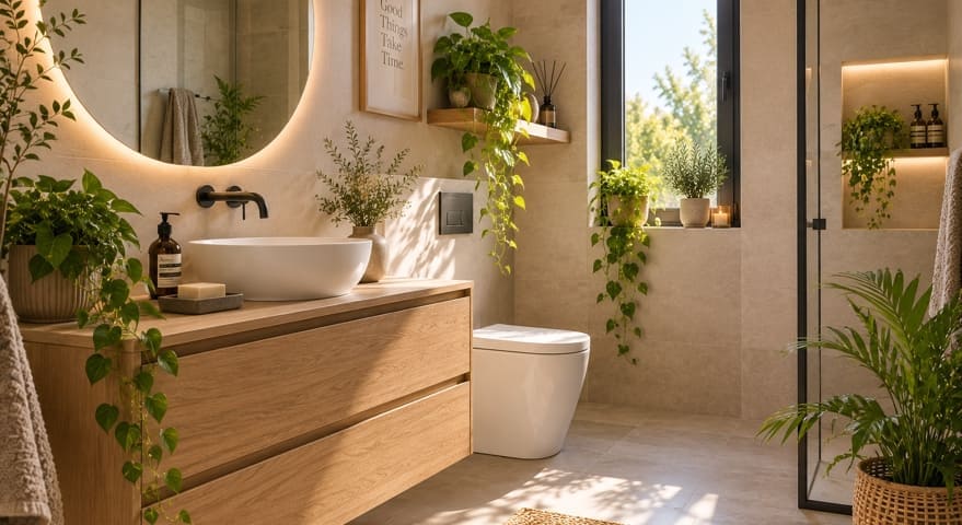Baño con ventana, mueble de madera y plantas junto al lavabo y en una repisa.
