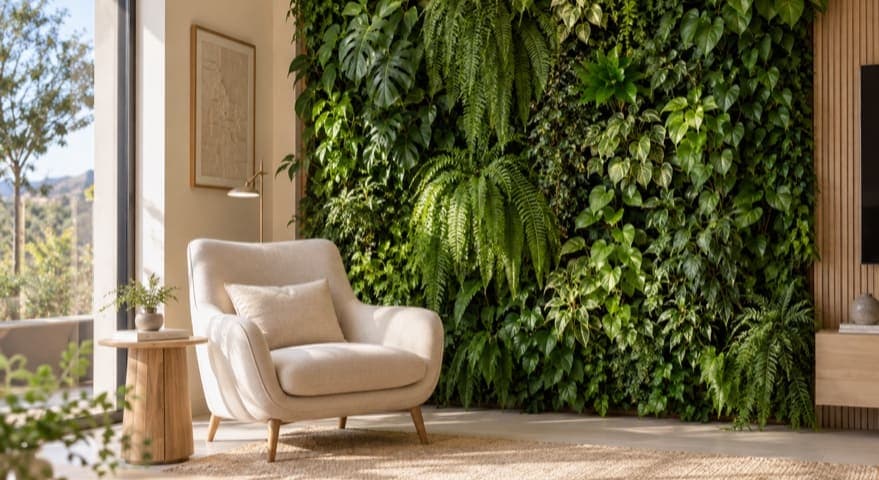 Jardín vertical con plantas de hojas verdes sobre una pared del salón junto a una butaca.