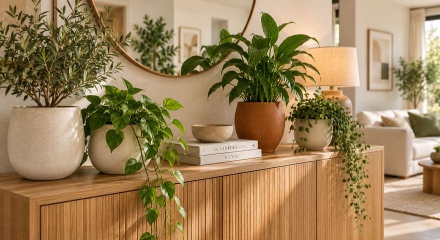 Macetas de cerámica blanca, beige y terracota con plantas sobre un aparador.