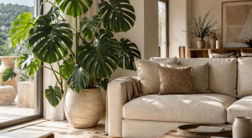 Monstera de hojas grandes en una maceta junto a un sofá claro y una ventana.