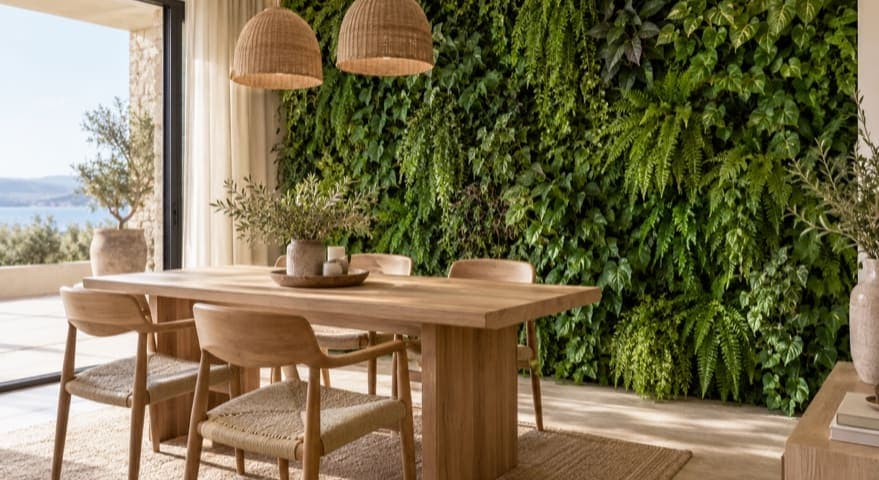 Pared cubierta de vegetación junto a una mesa de comedor de madera con cuatro sillas.