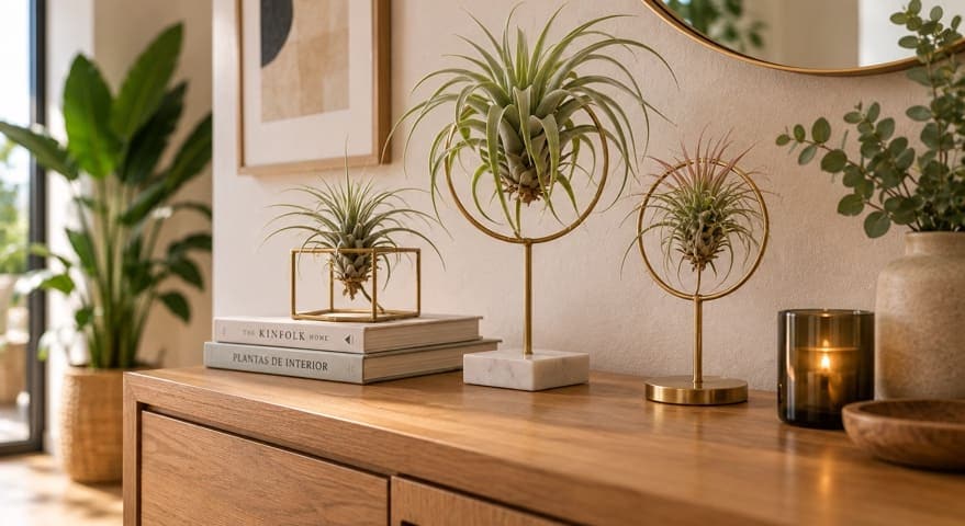 Tillandsias colocadas en pequeños soportes metálicos sobre una consola de madera.