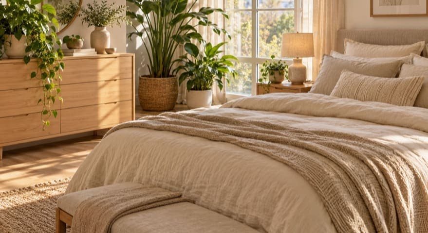 Dormitorio con ropa de cama beige y plantas sobre una cómoda y junto a la ventana.