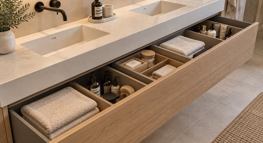 almacenamiento-cajones-mueble-bano Cajón abierto de un mueble de baño con toallas y productos de higiene organizados en compartimentos.
