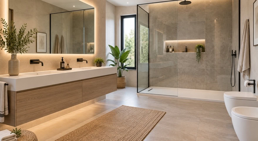 Baño amplio con mueble de lavabo suspendido, espejo grande y ducha con mampara de cristal.
