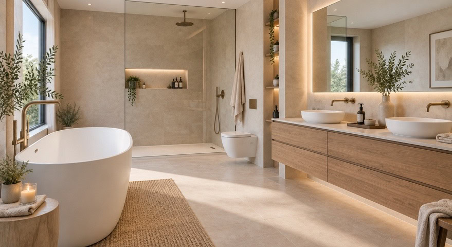 decoracion-banos-grandes-modernos Baño grande con bañera independiente, mueble de madera y revestimientos en tonos claros.