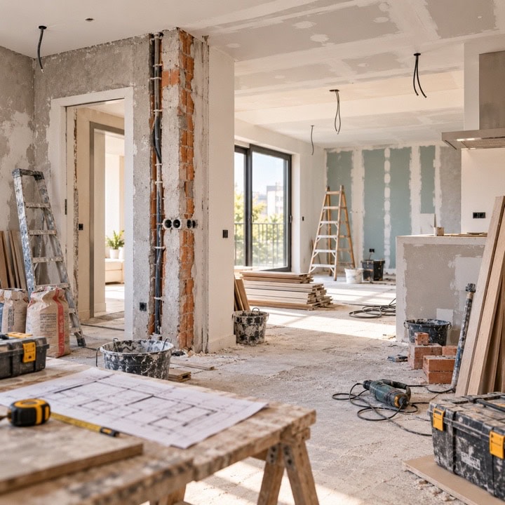 Vivienda en reforma con materiales de obra, herramientas y zonas pendientes de terminar.