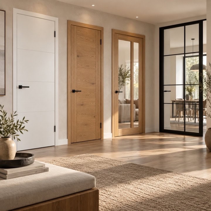 Muestra de puertas lacadas, de madera y con vidrio en diferentes acabados.