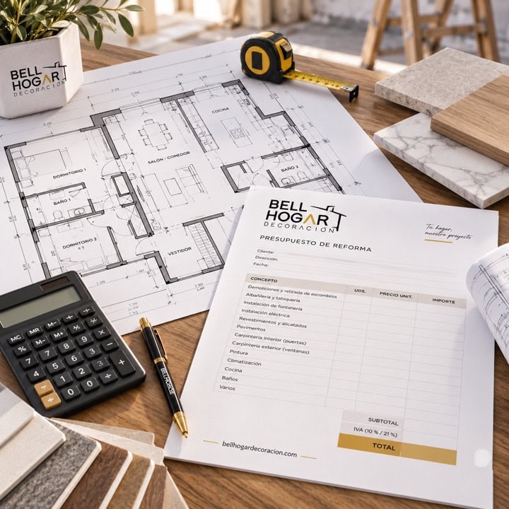 presupuesto-reforma-vivienda Presupuesto de reforma junto a una calculadora y planos de una vivienda.