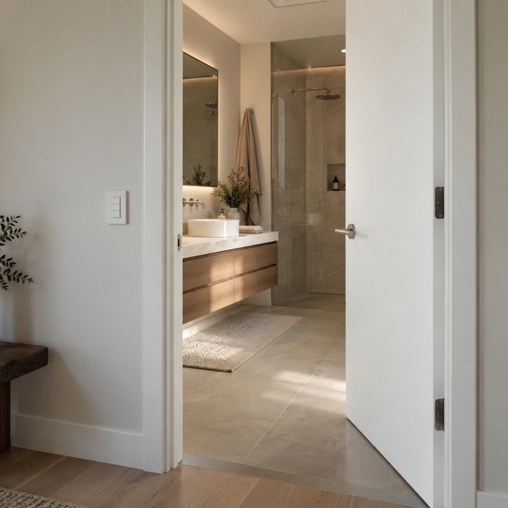Puerta abatible blanca abierta hacia el interior de un baño moderno.