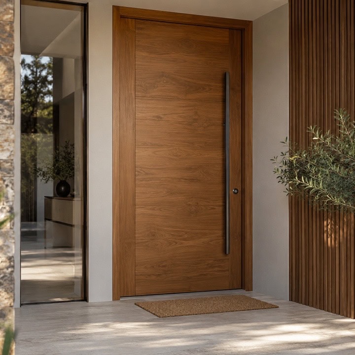 Puerta abatible de entrada con acabado de madera y tirador vertical.