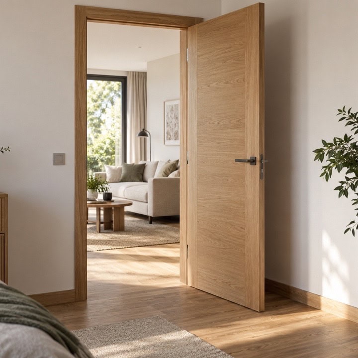 Puerta abatible de madera con acabado natural entre dos estancias de la vivienda.
