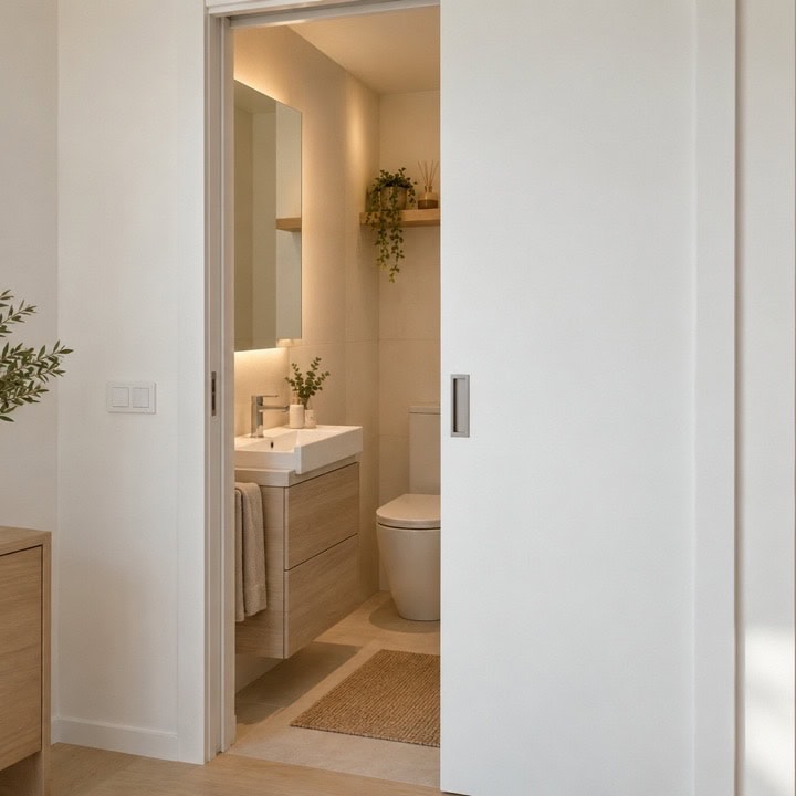 Puerta corredera blanca instalada en el acceso a un baño de dimensiones reducidas.