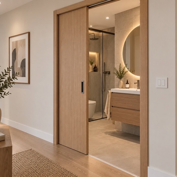 Puerta corredera de acceso a un baño pequeño con mueble de lavabo junto a la entrada.