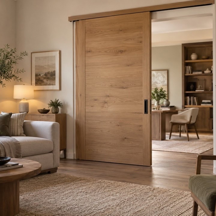 Puerta corredera de madera separando el salón de otra estancia de la vivienda.