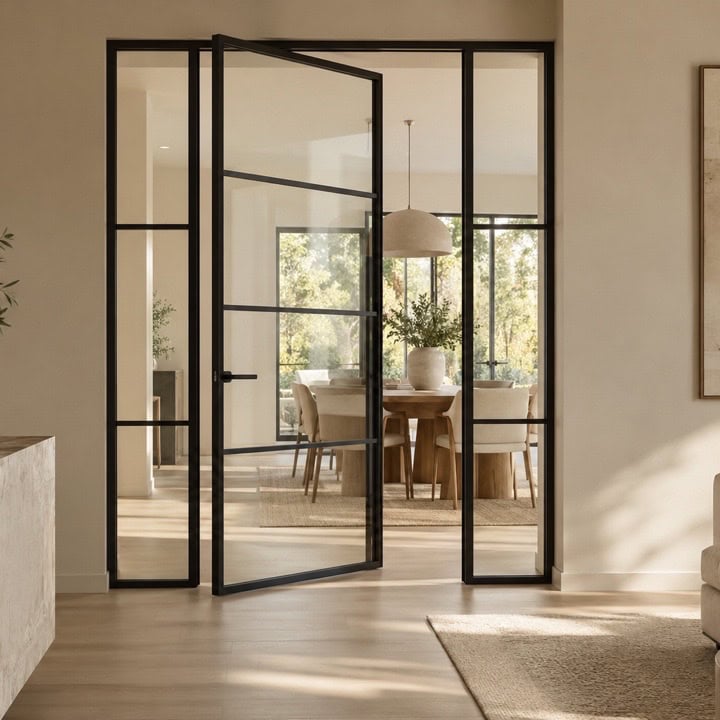 Puerta de cristal con perfilería negra de estilo contemporáneo.