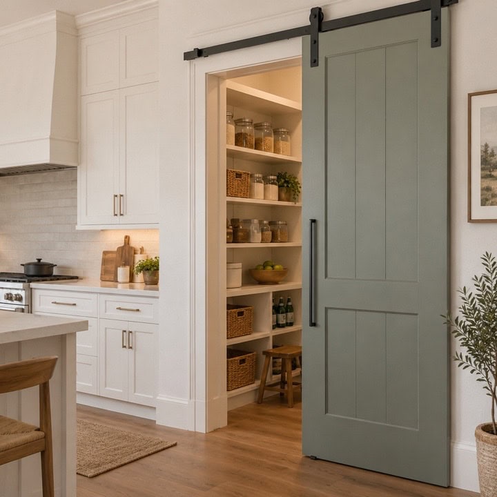 Puerta corredera de acceso a una despensa junto a una cocina con muebles blancos.