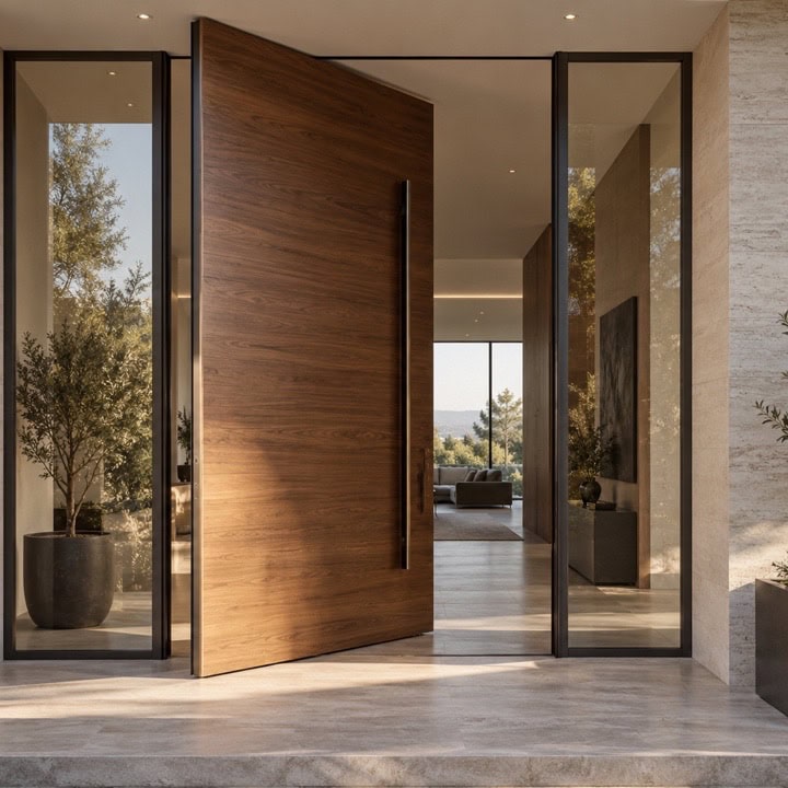 Puerta pivotante de gran formato instalada en la entrada de una vivienda moderna.