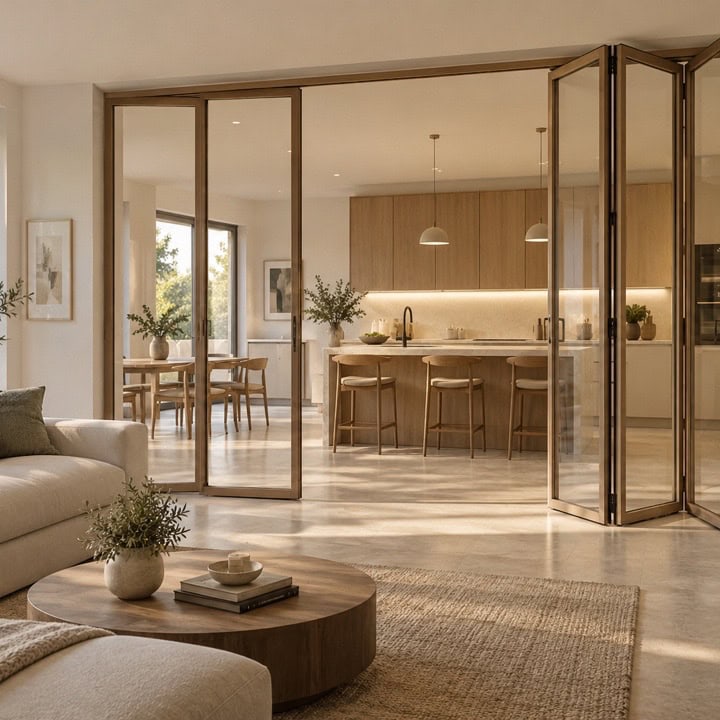 Cerramiento plegable de varias hojas separando una cocina abierta del salón.