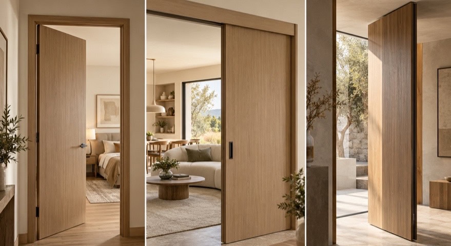 Varias puertas de interior con sistemas abatible, corredero y pivotante en distintos espacios del hogar.