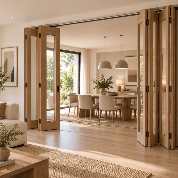 Puertas plegables de varias hojas abiertas entre el salón y el comedor.