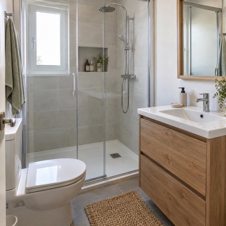 Baño pequeño con plato de ducha blanco, mampara transparente y mueble de lavabo de madera.