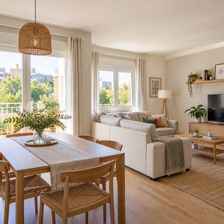 Muestras de suelo laminado, pintura neutra y tiradores sobre una mesa con un plano de vivienda.