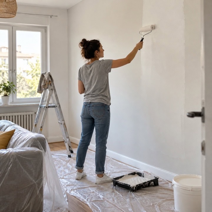Persona pintando una pared clara con rodillo, con el suelo protegido y una bandeja de pintura al lado.