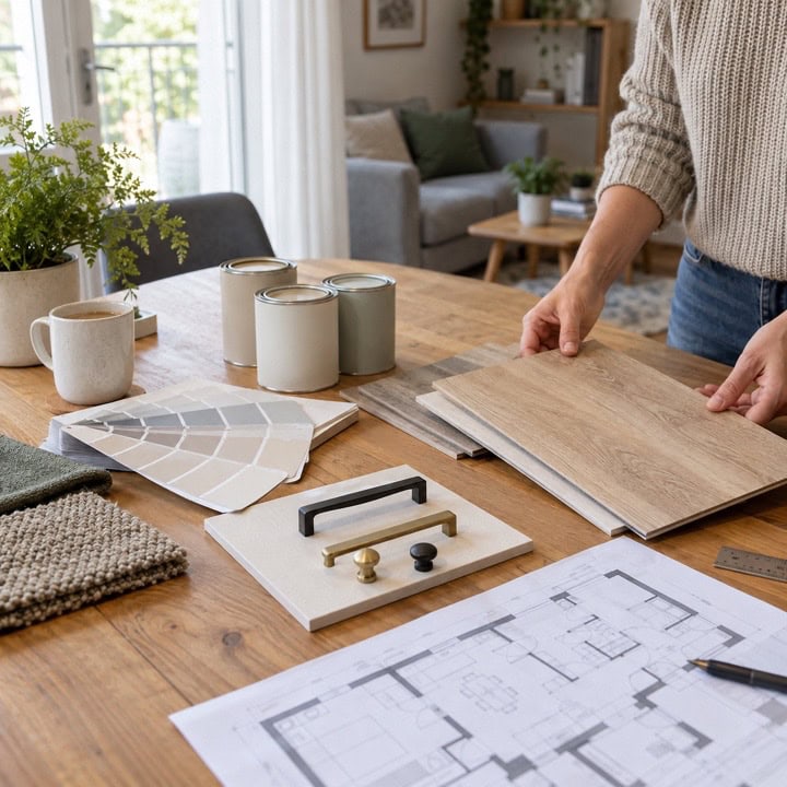 Muestras de suelo laminado, pintura neutra y tiradores sobre una mesa con un plano de vivienda.