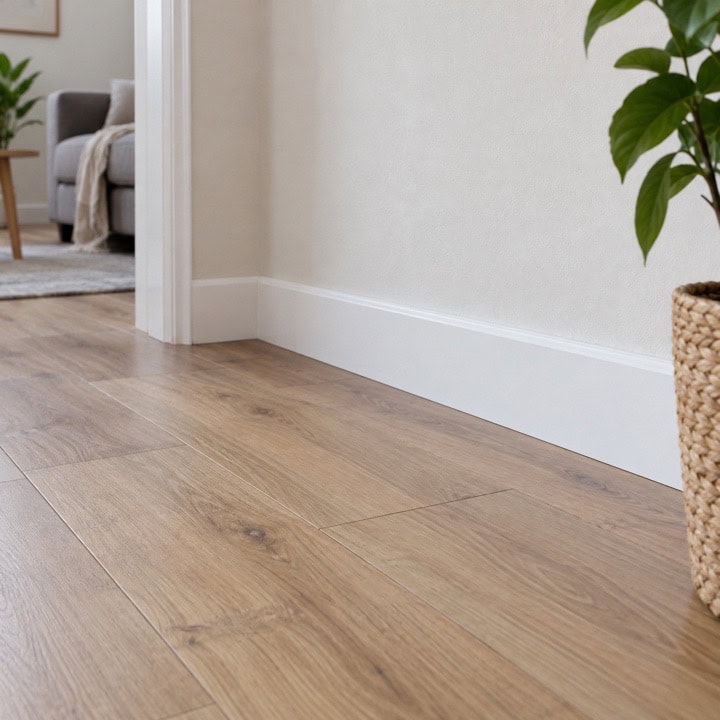 Detalle de suelo laminado efecto roble junto a un rodapié blanco y una pared clara.