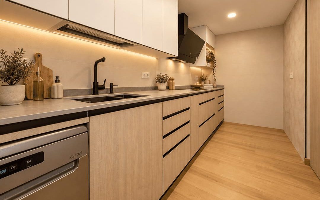 Cocina moderna en madera con detalles en negro