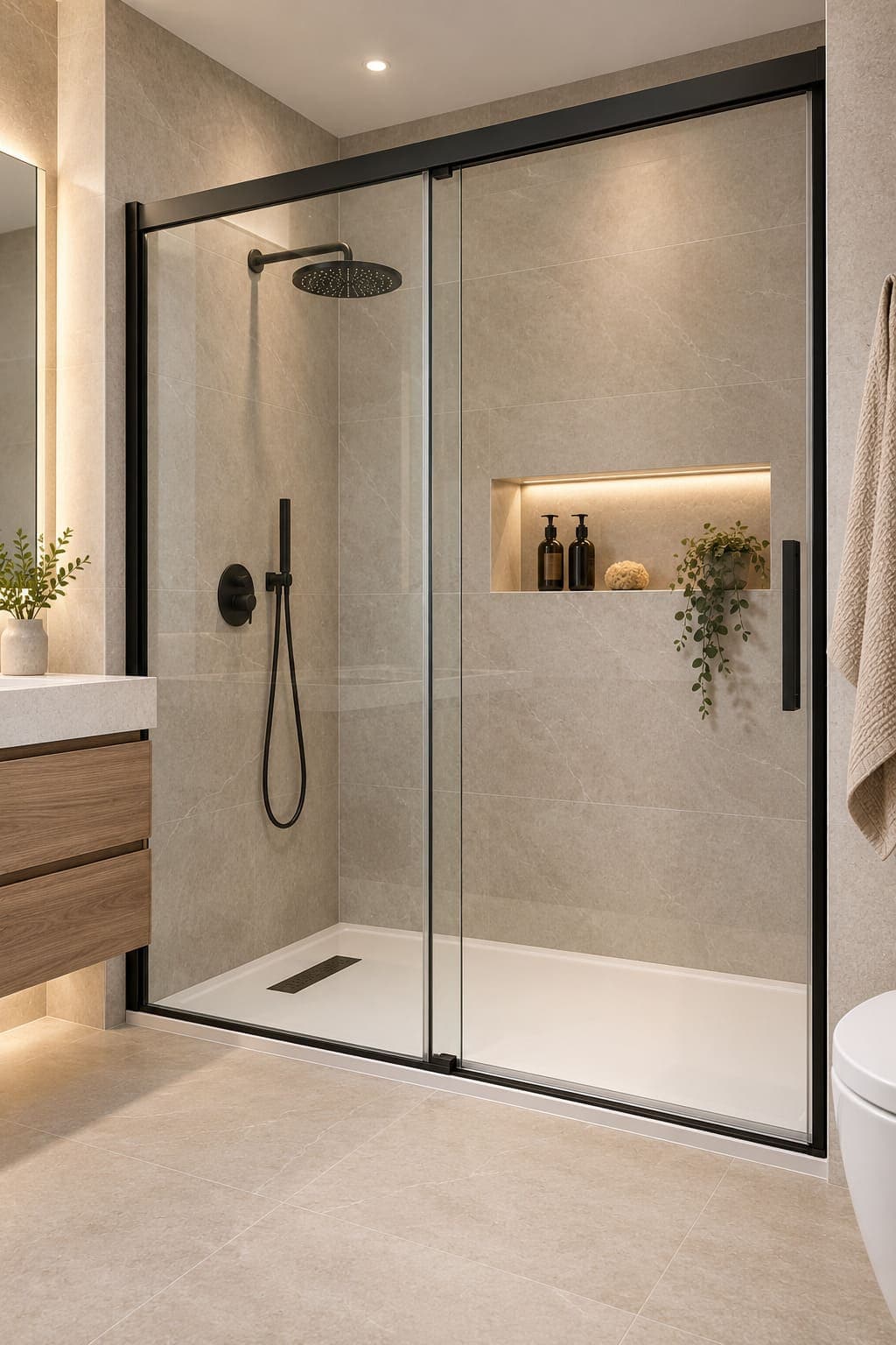 Baño moderno con ducha corredera negra