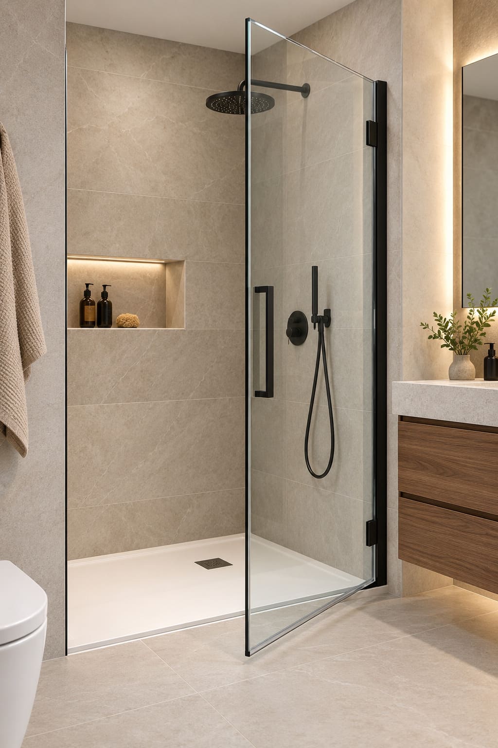 Baño moderno con ducha de cristal abatible