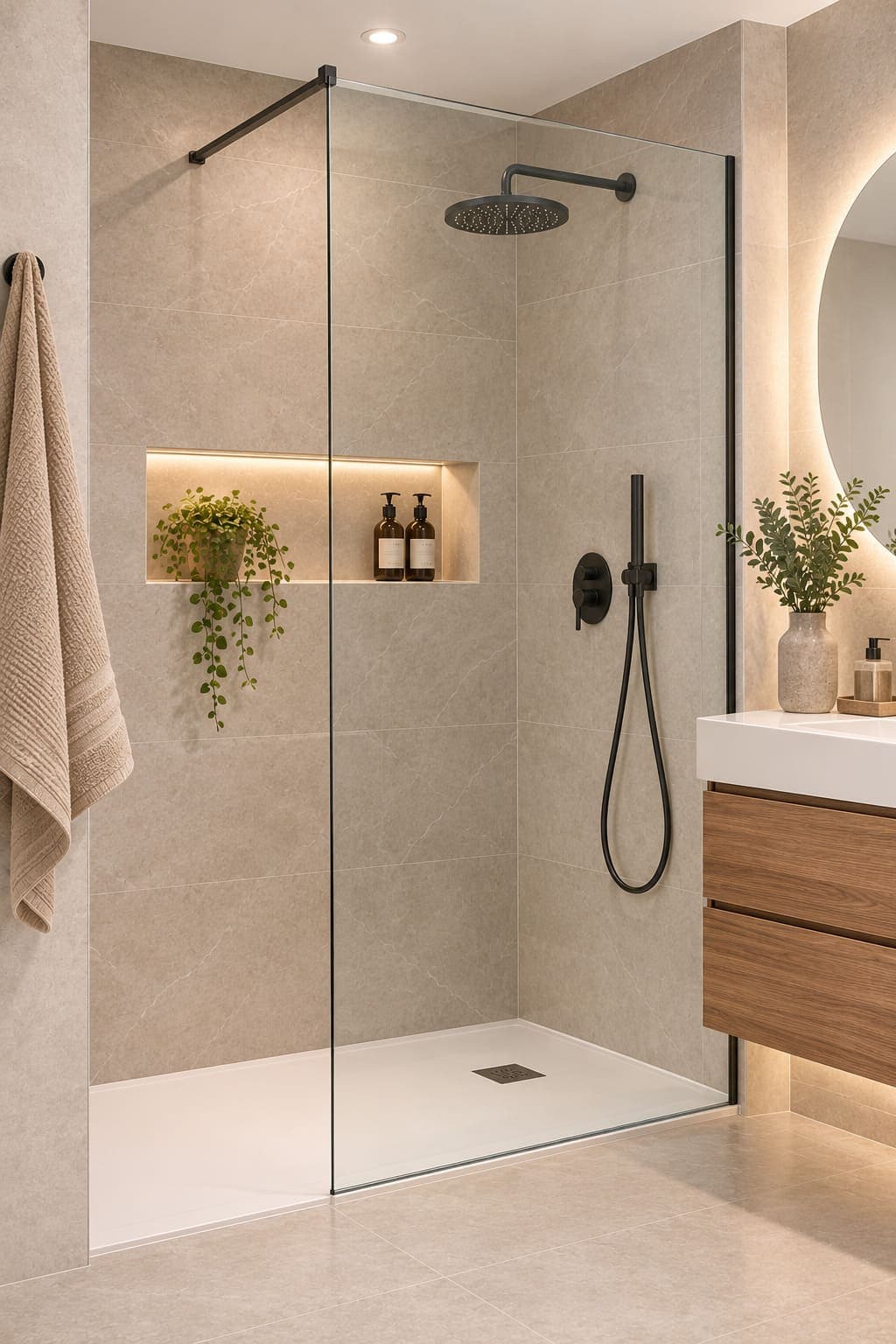 Baño moderno con ducha y plantas